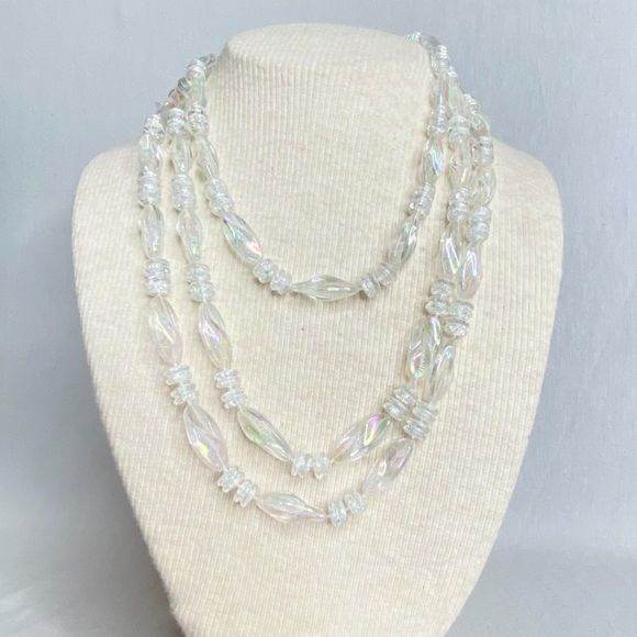 Ultra Long Opera Necklace Clear AB Lucite Long and Rondelle Beads - Picture 3 of 8
